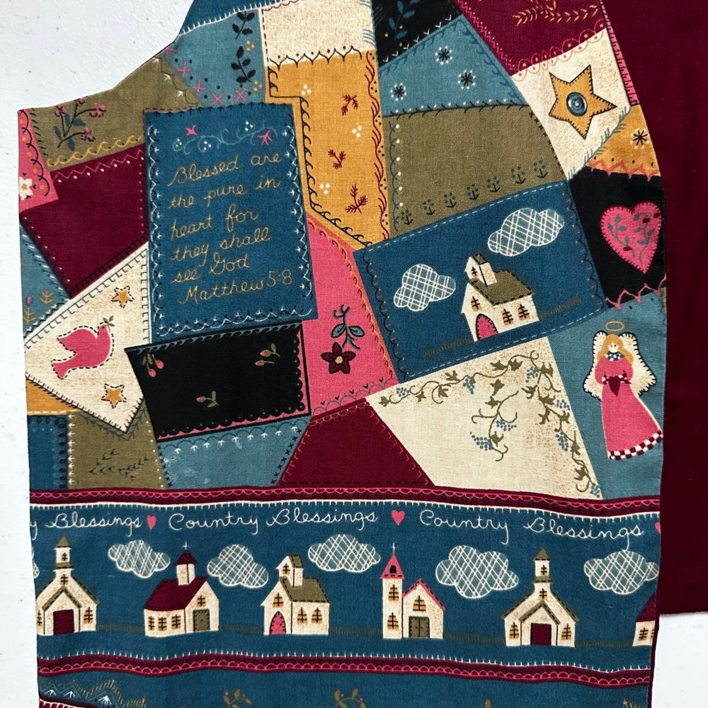 Country Blessings Patchwork Bible Print Vest Religious Church Angel Folk Art M - Picture 3 of 5